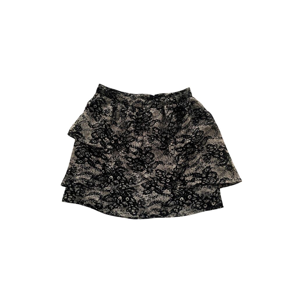 Ezra Miniskirt Black and Tan Lace Pattern Size Small Lined Ruffled Layered